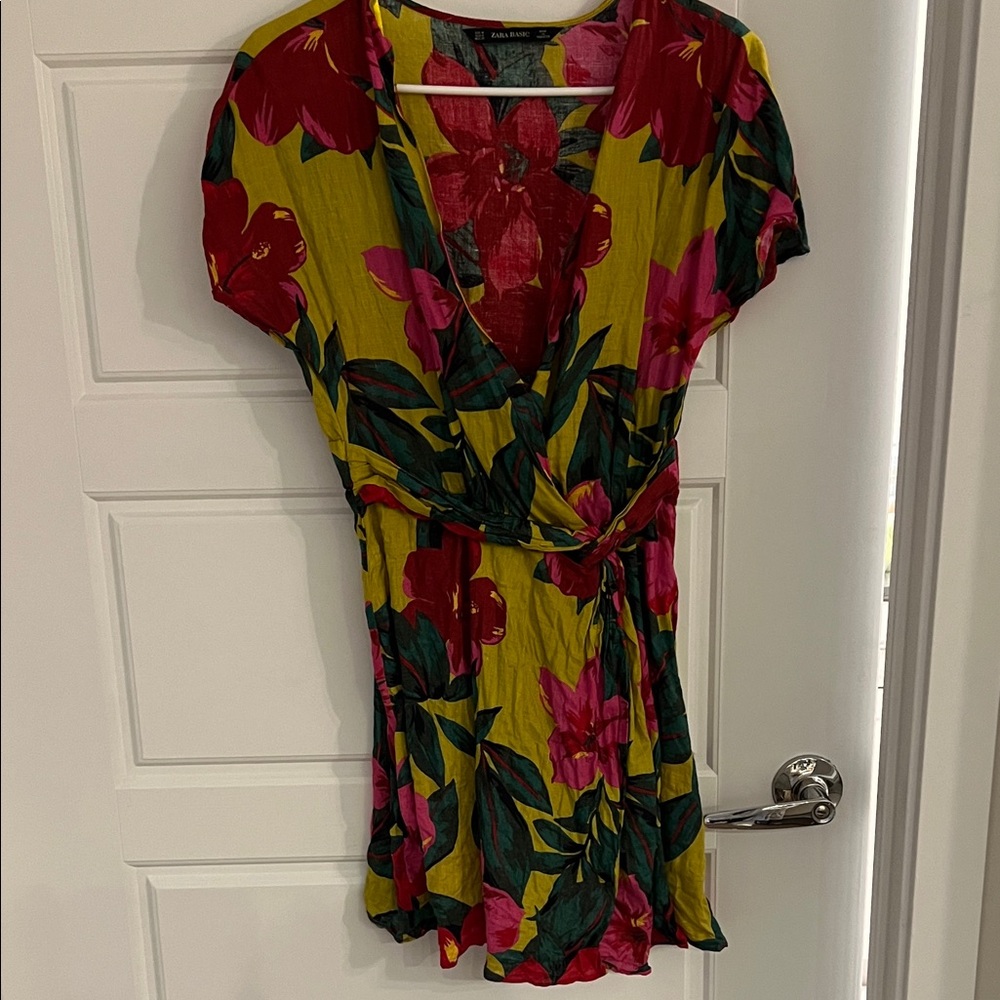 Zara Red and Green Floral Wrap Blouse